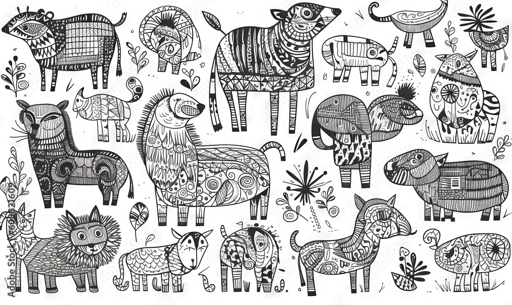 Poster a black and white drawing of animals and birds in different patterns. generative ai