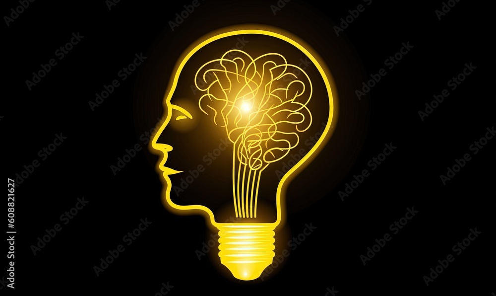Poster  a glowing light bulb with a brain inside of it on a black background.  generative ai