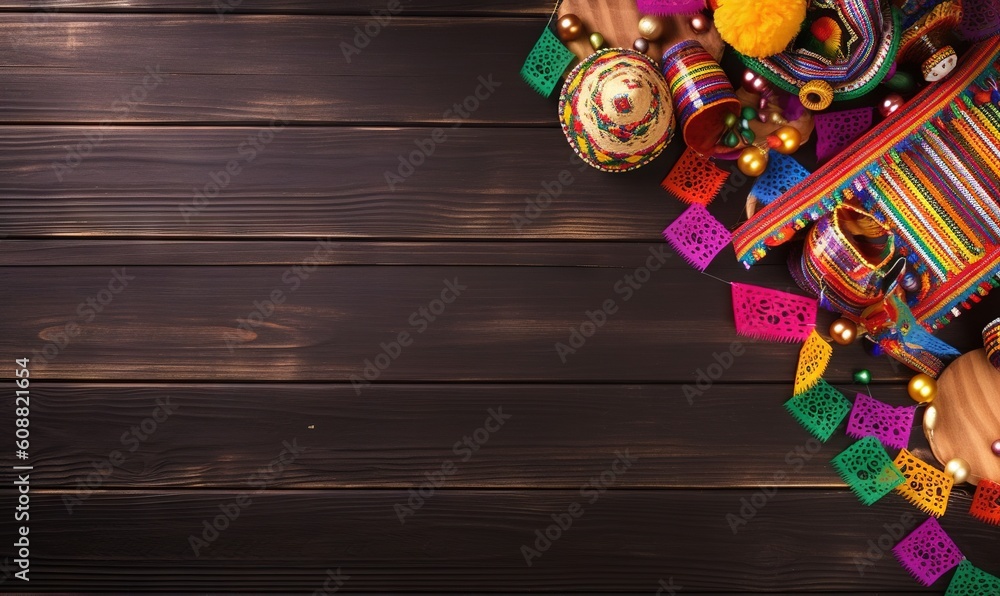 Poster a wooden table topped with lots of colorful items on top of it. generative ai