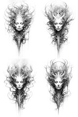 Fototapeta premium A black and white tattoo sketch of a woman's face with writhing, twisted hair, in the style of realism with fantasy elements. Variations set. Generative AI