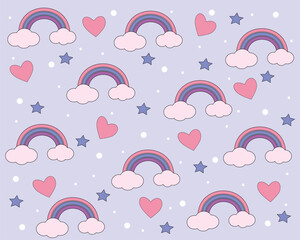 Seamless pattern with rainbow, clouds, hearts and stars.