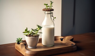 a bottle of milk next to a small potted plant.  generative ai
