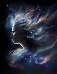 cosmic fire stars swirling wind swirls silhouette of a woman super realistic high detail smoke clouds