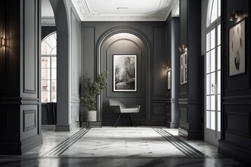 A contemporary classic room with a black and white marble floor, an arched entryway, an empty illuminated horizontal poster on the traditional gray wall with moldings, and built in Generative AI