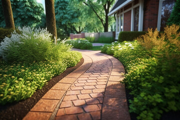 Fototapeta premium Clinker brick path to the house, landscaping. Generative AI