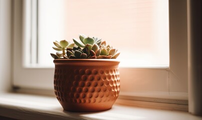  a small potted plant sitting on a window sill.  generative ai