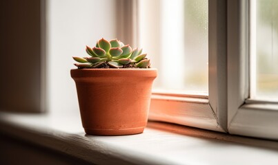  a small potted plant sitting on a window sill.  generative ai