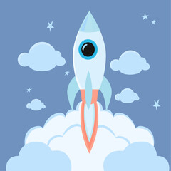 Fototapeta premium Cartoon rocket blasting off into space vector illustration graphic