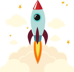 Cartoon rocket blasting off into space illustration graphic with transparent background