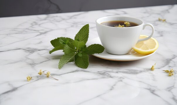  a cup of tea with lemon and mint on a marble table.  generative ai