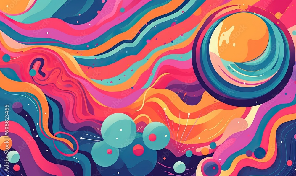Poster an abstract painting with a colorful swirl and a sun in the background. generative ai