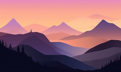  a landscape of mountains with trees and a pink sky in the background.  generative ai