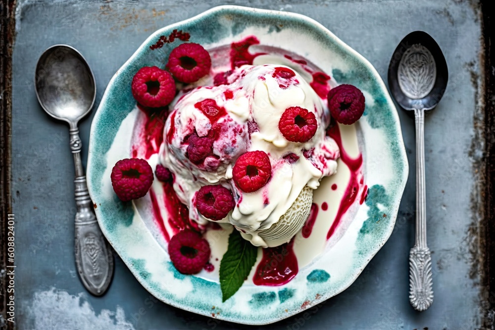 Aufkleber overhead image of raspberry ice cream in a white dish. generative ai