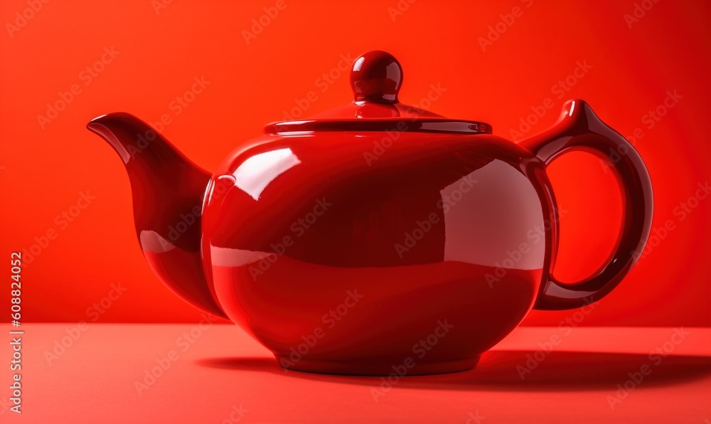 Poster a red teapot with a black lid on a red background. generative ai