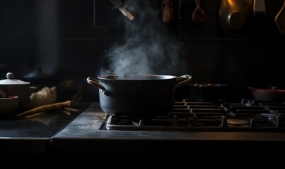  a pot on a stove with steam coming out of it.  generative ai
