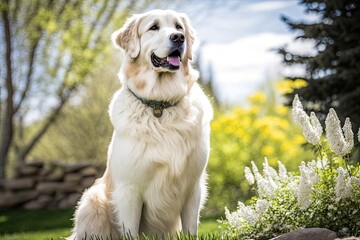 In the spring, a golden retriever dog poses outside. Generative AI