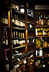 Shelves in a liquor store with different types of wine. AI Generated