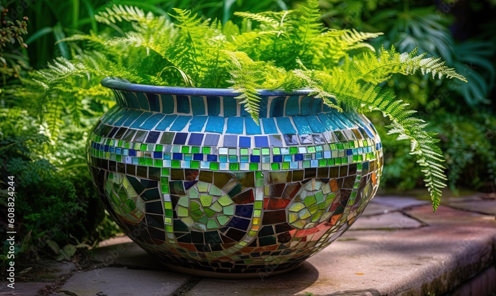 Poster  a vase with a mosaic design on the outside of it.  generative ai