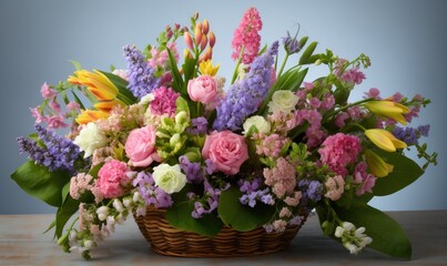 Fototapeta premium a basket filled with lots of flowers on top of a table. generative ai