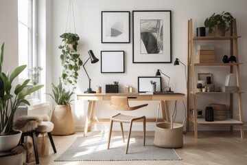 A chic Scandinavian living space features a shelf with a Mokc Up poster frame, a wooden desk, chair, bicycle, workplace supplies, and personal accessories. Generative AI