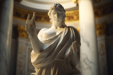 A closeup of a white marble statue in a majestic, cinematic setting. The sculpture is of a human figure, both hands outstretched, holding a perfect balance between two golden scales.