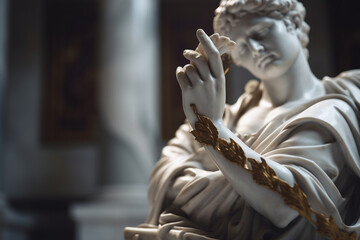 A closeup of a white marble statue in a majestic, cinematic setting. The sculpture is of a human figure, both hands outstretched, holding a perfect balance between two golden scales.