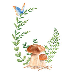 Watercolor forest wreath with green branches, fern and mushrooms with blue butterfly. Hand painted frame with wild plants. Floral illustration for greeting cards, invitations, save the date, logos.
