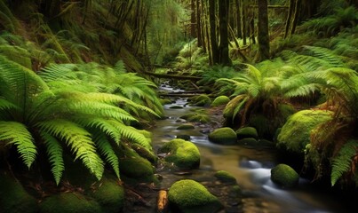 Fototapeta na wymiar a stream running through a lush green forest filled with trees. generative ai
