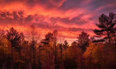  a red sky with clouds and trees in the foreground.  generative ai