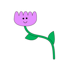 Cute purple flower with funny face. Vector illustration on isolated background. 
