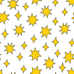 Seamless retro pattern with various stars. Vector background in hippie 1970 style
