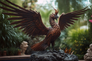 A hyper-realistic sculpture of a phoenix rising from the ashes � its wings spread wide and its beak open in a triumphant cry � stands tall in the middle of a lush garden.