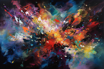 Obraz na płótnie Canvas A photorealistic abstract painting of a rapidly changing sky, with bold colors and chaotic shapes blending together in a captivating dance of light and dark.