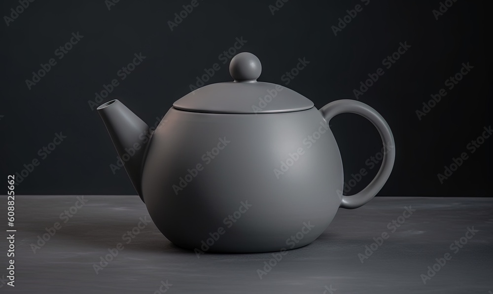 Poster a gray teapot with a lid on a table with a black background. generative ai