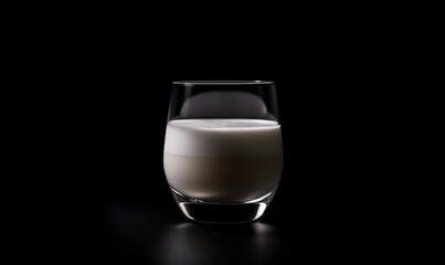  a glass of milk on a black surface with a black background.  generative ai