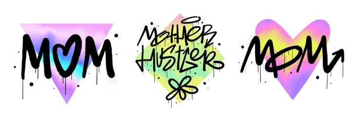 Urban street graffiti art. Set of trendy cards for Mother's Day. Cool mum, Mother Hustler, Swag. Y2k blurred gradient elements. Holographic vector print. Groovy lettering in psychedelic rave style. 