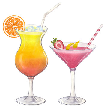 Cocktails pink orange Tequila Sunrise Cosmopolitan. Strawberry, lemon, ice, straw. Glass of juice or alcohol. Hand drawn watercolor illustration isolated on white background. For bar restaurant menu