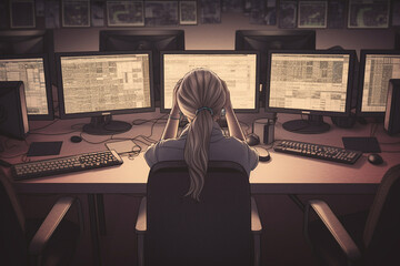 A photorealistic image of a woman in a modern office, sitting behind her desk with multiple computer monitors and a coffee cup next to her.