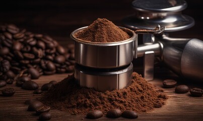  a grinder filled with coffee beans next to a pile of ground coffee.  generative ai