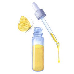 Essential oil. Blue glass bottle pipette dripping drop. Yellow butterfly. Hand drawn watercolor illustration isolated on white background. For cosmetics packaging beauty magazines logo