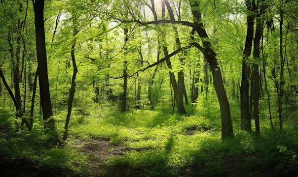  a path through a lush green forest filled with trees and grass.  generative ai