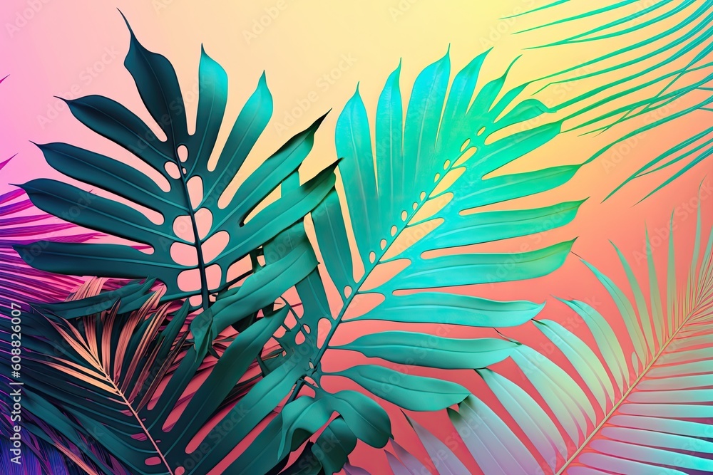 Poster tropical and palm fronds with holographic bright gradient colors. artwork with a conceptual theme. s