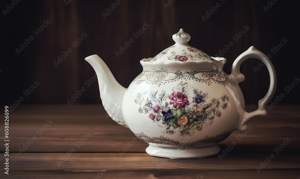 Poster a teapot with a floral design on it sitting on a table. generative ai
