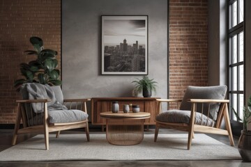 Fototapeta premium A contemporary living room layout includes two gray armchairs, a wooden coffee table, and a poster on a brick wall. Generative AI