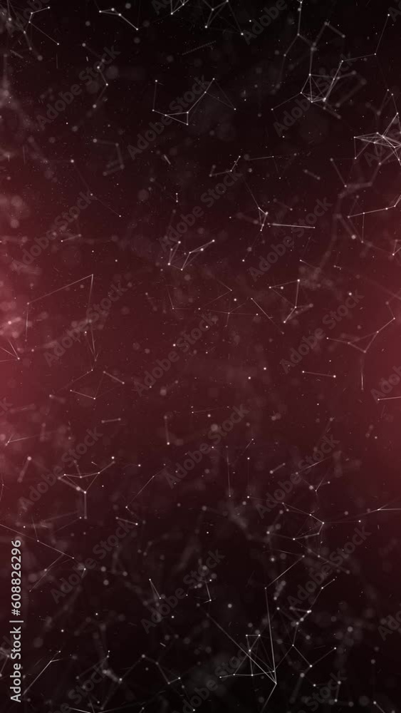 Poster vertical dark red cyber space network lines dots animation. copy space background.