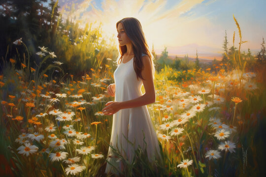 A photorealistic painting of a woman in a bright yellow dress, standing in a sunlit field of wildflowers.