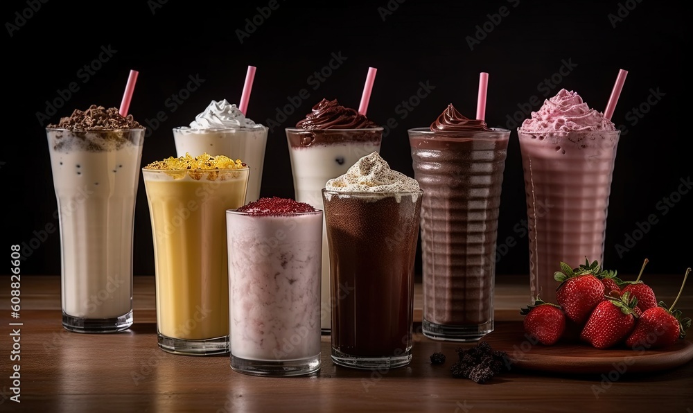 Poster a row of different types of drinks on a table with strawberries. generative ai