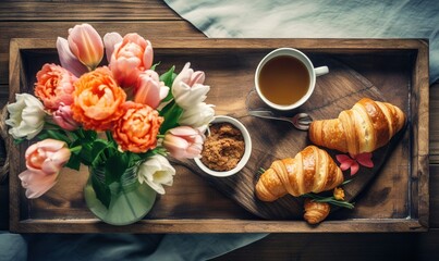  a tray with a croissant, coffee, and flowers on it.  generative ai