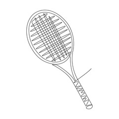 Tennis racket icon vector. Line continuous drawing. Minimal hand drawn linear illustration. Outline design, print, banner, card, brochure, poster, logo, sign, symbol. Sport, competition, hobby.