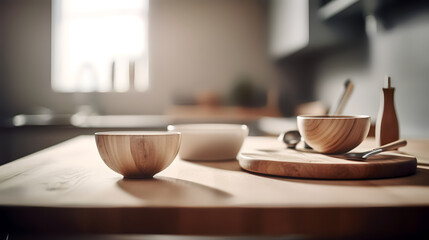 Fototapeta na wymiar Step into a world of captivating minimalism with our latest photography masterpiece. Behold the beauty of an empty brown wooden tabletop, perfectly placed against a blurred, defocused modern kitchen 